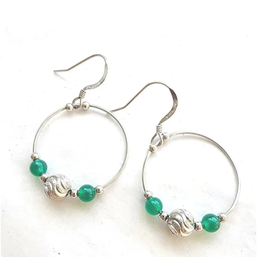 Solid 925 Sterling Silver Fine‎ Jewelry Round Hoop Earrings green Aventurine new